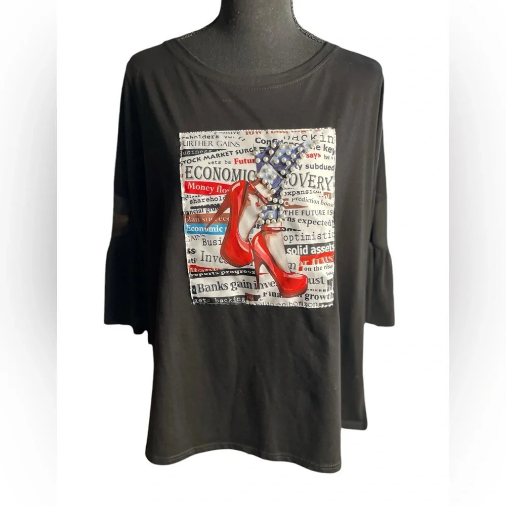 WoWo Black Statement Shirt with Mesh Sleeves.  Size:2X